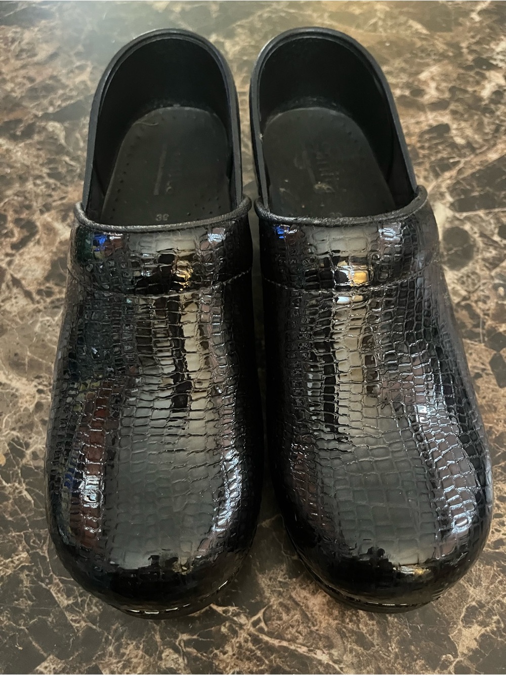 Sanita Black Patent Croc-Texture Women's Clogs